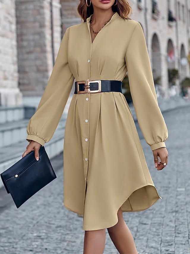 Women's Shirt Dress Casual Dress Mini Dress Outdoor Daily Date Polyester Fashion Modern V Neck Ruched Button Long Sleeve Fall Winter 2023 Loose Fit ArmyGreen Orange Apricot Pure Color S M L XL 2 Women's Shirt Dress Casual Dress Mini Dress Outdoor Daily Date Polyester Fashion Modern V Neck Ruched Button Long Sleeve Fall Winter 2023 Loose Fit ArmyGreen Orange Apricot Pure Color S M L XL - Image 2