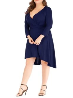 Women's Plus Size Curve Work Dress Black Dress A Line Dress Fashion Midi Dress Ruched V Neck Long Sleeve Plain Loose Fit Black Wine Blue Fall XL XXL 3XL 4XL 5XL -Cheap Plus Fit Dress Store pmdfol1693203475441