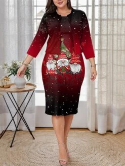 Women's Plus Size Curve Christmas Dress Casual Dress Dress Set Santa Claus Gradient Midi Dress Long Sleeve Print Crew Neck Fashion Outdoor Wine Fall Winter L XL XXL 3XL 4XL