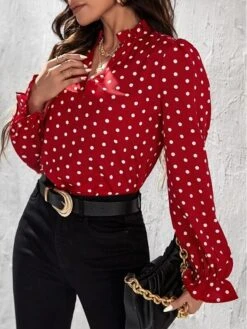 Women's Shirt Blouse Black Red Orange Polka Dot Print Long Sleeve Office Work Business Streetwear Casual Standing Collar Regular Fit Petal Sleeve Spring Fall -Cheap Plus Fit Dress Store pmfsga1656555325324