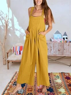 Women's Jumpsuit Pocket Solid Color Square Neck Streetwear Street Daily Regular Fit Sleeveless Yellow Pink Navy Blue S M L Summer -Cheap Plus Fit Dress Store pmkhya1679468959907