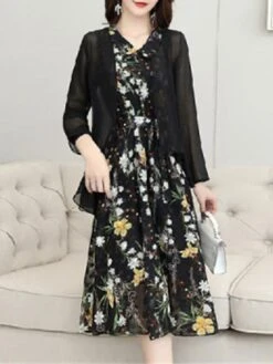 Women's Two Piece Dress Set Print Dress Outdoor Daily Modern Casual Lace Up Ruched Midi Dress V Neck Long Sleeve Floral Regular Fit Black Pink Blue Summer Spring M L XL XXL XXXL -Cheap Plus Fit Dress Store pmlxku1678430834053