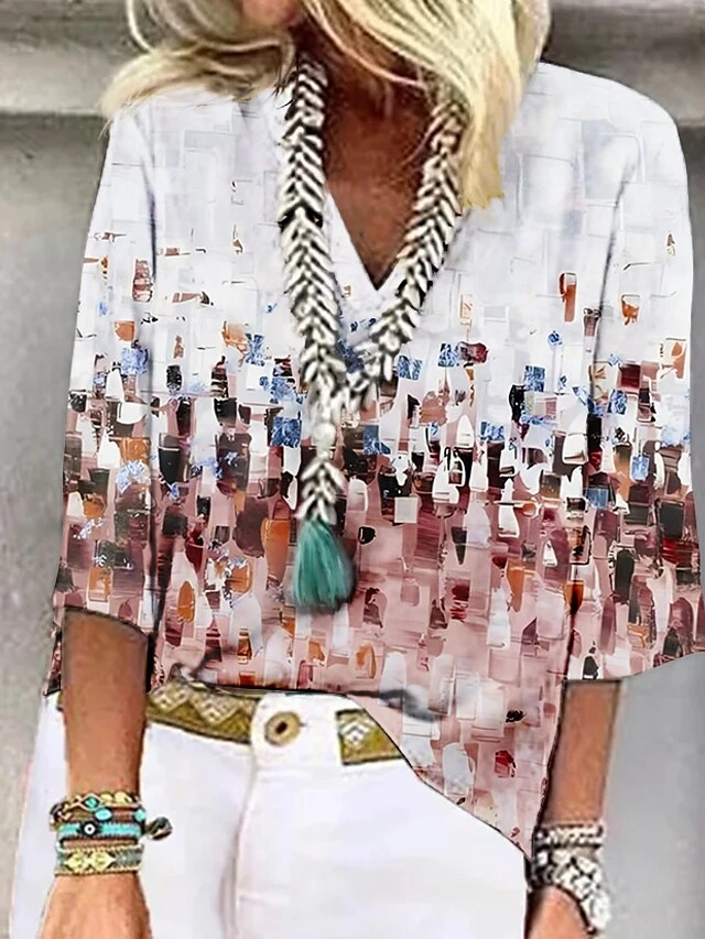 Women's Shirt Blouse Red Blue Purple Tie Dye Print 3/4 Length Sleeve Casual Daily Basic V Neck Regular Fit Fall & Winter 4 Women's Shirt Blouse Red Blue Purple Tie Dye Print 3/4 Length Sleeve Casual Daily Basic V Neck Regular Fit Fall & Winter - Image 4