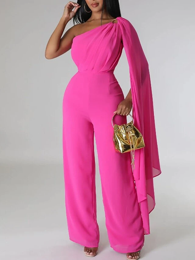 Women‘s Jumpsuit Cape Solid Color One Shoulder Wedding Business Wedding Street Slim Sleeveless Orange Red Dark Pink S M L Fall 1 Women‘s Jumpsuit Cape Solid Color One Shoulder Wedding Business Wedding Street Slim Sleeveless Orange Red Dark Pink S M L Fall
