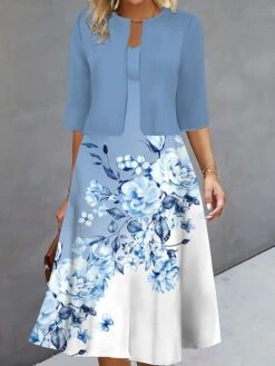 Women's Two Piece Dress Set Casual Dress Print Dress Outdoor Daily Fashion Elegant Print Midi Dress V Neck Half Sleeve Floral Regular Fit Blue Purple Green Fall Winter S M L XL XXL