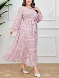 Women's Plus Size Prom Dress Party Dress Wedding Guest Dress Long Dress Maxi Dress Pink Long Sleeve Pure Color Lace Up Fall Winter Autumn Crew Neck Fashion Winter Dress Evening Party Wedding Guest -Cheap Plus Fit Dress Store pnpkdb1693535313858