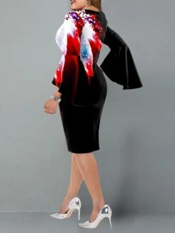 Women‘s Plus Size Curve Party Dress Floral Crew Neck Ruffle Long Sleeve Fall Spring Elegant Prom Dress Knee Length Dress Formal Going Out Dress Work Dress Print -Cheap Plus Fit Dress Store pntwvr1637056701273