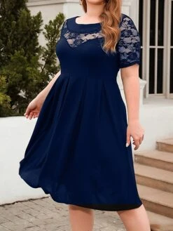 Women's Plus Size Curve Party Dress Lace Dress Semi Formal Dress Solid Color Midi Dress Short Sleeve Lace Crew Neck Fashion Party ArmyGreen Black Fall Winter XL XXL 3XL 4XL -Cheap Plus Fit Dress Store pofrug1695813611532
