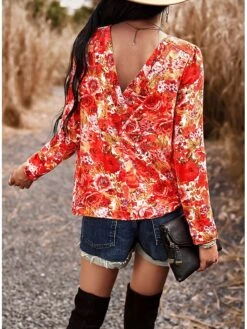 Women's Shirt Blouse Black Red Blue Graphic Floral Print Long Sleeve Casual Holiday Fashion Round Neck Regular Fit Floral Spring &Fall -Cheap Plus Fit Dress Store pokheo1694084755333