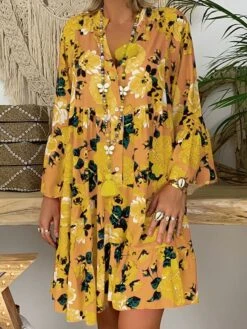 Women‘s Plus Size Curve Casual Dress Floral V Neck Print Long Sleeve Fall Spring Casual Short Mini Dress Daily Vacation Dress -Cheap Plus Fit Dress Store pouqca1660643933358