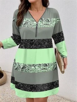 Women's Plus Size Curve Casual Dress Winter Dress Stripe Mini Dress Long Sleeve Print V Neck Fashion Outdoor Pink Blue Fall Winter L XL 2XL 3XL 4XL -Cheap Plus Fit Dress Store pozcat1697799860909