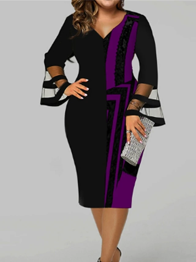 Women‘s Plus Size Curve Work Dress Bodycon Sheath Dress Stripe Midi Dress Long Sleeve Mesh V Neck Elegant Outdoor White Red Spring Fall L XL XXL 3XL 4XL 5 Women‘s Plus Size Curve Work Dress Bodycon Sheath Dress Stripe Midi Dress Long Sleeve Mesh V Neck Elegant Outdoor White Red Spring Fall L XL XXL 3XL 4XL - Image 5