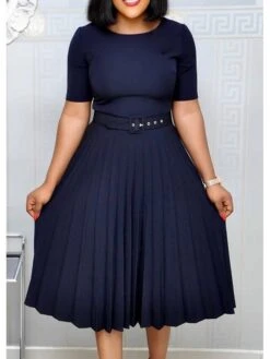 Women‘s Plus Size Curve Party Dress Solid Color Crew Neck Ruched Short Sleeve Spring Fall Work Formal Prom Dress Knee Length Dress Party Work Dress Loose Fit -Cheap Plus Fit Dress Store ppqqbq1620625710484