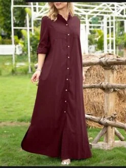 Women's Shirt Dress Casual Dress Maxi Long Dress Outdoor Daily Vacation Polyester Fashion Casual Shirt Collar Button Long Sleeve Summer Spring Fall 2023 Loose Fit Wine Navy Blue Green Plain S M L XL -Cheap Plus Fit Dress Store ppzpqr1689737494809
