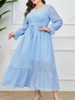 Women's Plus Size Prom Dress Party Dress Corset Dress Long Dress Maxi Dress Light Blue Long Sleeve Pure Color Drawstring Fall Winter Autumn Square Neck Fashion Winter Dress Evening Party Wedding Guest