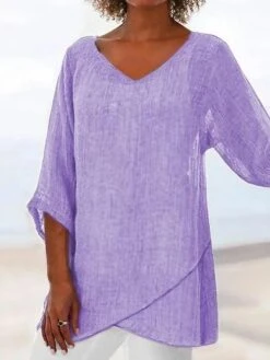 Women's T Shirt Tee Pink Purple Fuchsia Plain Asymmetrical 3/4 Length Sleeve Daily Weekend Basic V Neck Regular Fit