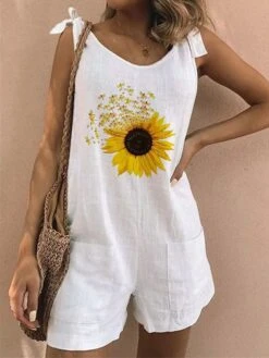 One Piece Jumpsuits For Women Romper Print Floral Crew Neck Casual Going Out Weekend Loose Fit Strap White Blue S M L Summer