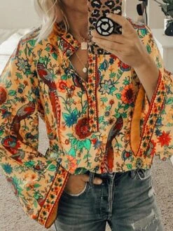 Women's Blouse Shirt Blue Yellow Orange Geometric Long Sleeve Daily Shirt Collar Loose Fit S -Cheap Plus Fit Dress Store prmg1590550907037