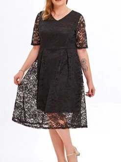 Women‘s Plus Size Curve Party Dress Lace Dress Cocktail Dress Midi Dress Black Pink Wine Half Sleeve Pure Color Lace Summer Spring Fall V Neck Fashion Birthday Wedding Guest Vacation 2023 -Cheap Plus Fit Dress Store prwgnz1691564491582