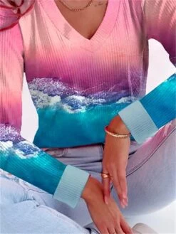 Women's T Shirt Tee Yellow Pink Peach Graphic Print Long Sleeve Daily Weekend Daily Basic Neon & Bright V Neck Regular Fit Painting Fall & Winter -Cheap Plus Fit Dress Store psnnty1689851957815