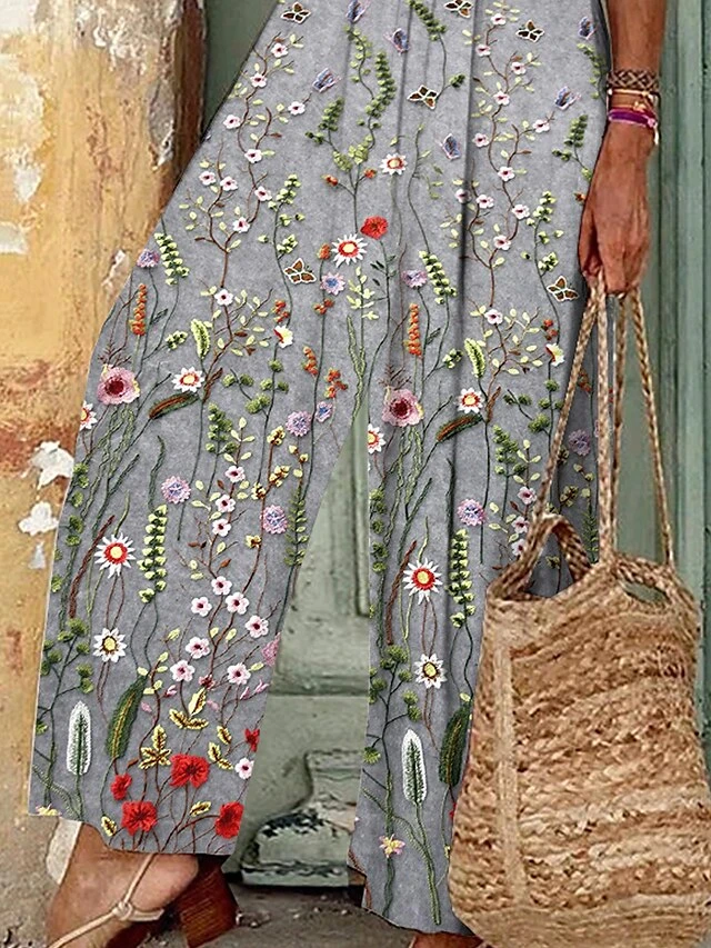 Women's Jumpsuit Print Floral Round Neck Boho Vacation Wide Leg Regular Fit Long Sleeve Light Grey S M L All Seasons 3 Women's Jumpsuit Print Floral Round Neck Boho Vacation Wide Leg Regular Fit Long Sleeve Light Grey S M L All Seasons - Image 3