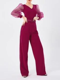 Women's Jumpsuit Mesh High Waist Solid Color V Neck Streetwear Street Daily Regular Fit Long Sleeve Black Fuchsia S M L Fall -Cheap Plus Fit Dress Store psqtgw1693274266366