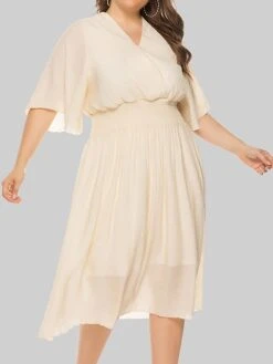Women‘s Plus Size Curve Party Dress Wedding Guest Dress Swing Dress Midi Dress Black Beige Half Sleeve Pure Color Pleated Summer Spring Fall V Neck Party Birthday Wedding Guest Vacation 2023 -Cheap Plus Fit Dress Store psrrin1691399371241