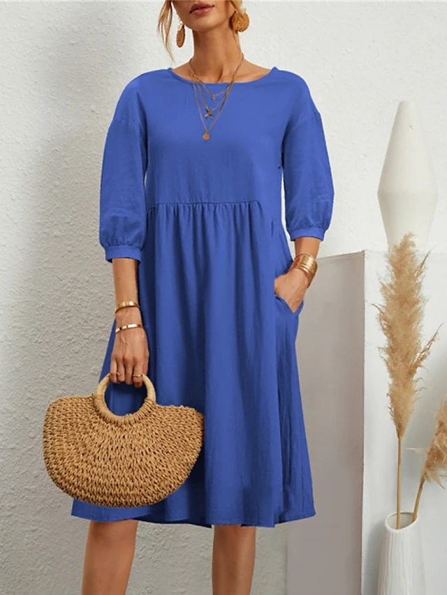 Women's Casual Dress Cotton Dress Midi Dress Cotton Basic Classic Outdoor Daily Vacation Crew Neck Ruched 3/4 Length Sleeve Fall Winter Autumn 2023 Loose Fit ArmyGreen Black White Plain S M L XL 2XL 8 Women's Casual Dress Cotton Dress Midi Dress Cotton Basic Classic Outdoor Daily Vacation Crew Neck Ruched 3/4 Length Sleeve Fall Winter Autumn 2023 Loose Fit ArmyGreen Black White Plain S M L XL 2XL - Image 8