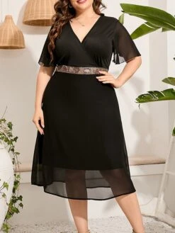 Women‘s Plus Size Curve Party Dress Cocktail Dress Wedding Guest Dress Black Dress Midi Dress Short Sleeve Pure Color Layered Summer Spring Fall V Neck Fashion Birthday Wedding Guest Vacation 2023 -Cheap Plus Fit Dress Store ptmpsr1691464157310