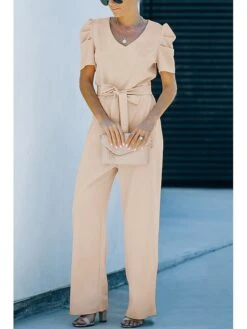 Women's Jumpsuit Lace Up Solid Color V Neck Streetwear Holiday Vacation Regular Fit Short Sleeve Black Wine Red S M L Spring -Cheap Plus Fit Dress Store ptpvui1675153746016