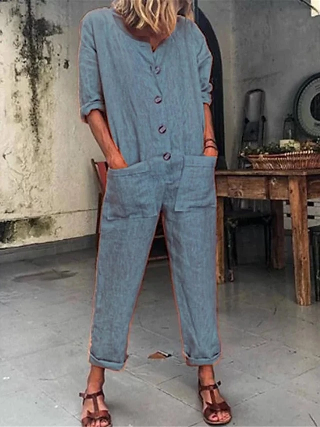 Women's Jumpsuits Casual Maillard Button Patch Pocket Solid Color V Neck Streetwear Street Daily Regular Fit Half Sleeve Yellow Red Royal Blue S M L 6 Women's Jumpsuits Casual Maillard Button Patch Pocket Solid Color V Neck Streetwear Street Daily Regular Fit Half Sleeve Yellow Red Royal Blue S M L - Image 6