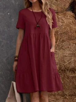 Women's Casual Dress Cotton Linen Dress Maxi Long Dress Linen / Cotton Blend Fashion Street Style Daily Date Weekend Crew Neck Ruffle Pocket Short Sleeve Summer 2023 Regular Fit Claret Black Yellow -Cheap Plus Fit Dress Store pukqdn1687233821022