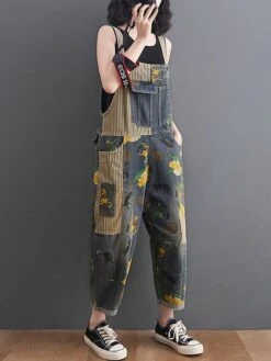 Women‘s Jumpsuit Pocket Print Animal Denim Square Neck Active Street Daily Loose Fit Sleeveless Blue M L XL Fall