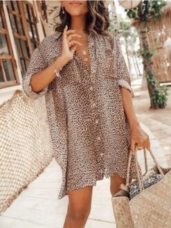 Women's Shirt Dress Short Mini Dress Light Blue Long Sleeve Leopard Button Spring Summer Shirt Collar Stylish Casual Sexy Lantern Sleeve Boom Sale Dress XXL