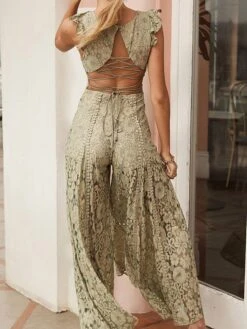 Women's Jumpsuit Lace Ruffle Solid Color V Neck Party Wedding Dressy Street Daily Wide Leg Regular Fit Sleeveless Apricot XS S M Summer -Cheap Plus Fit Dress Store pvgjur1690449254107