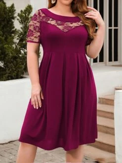 Women's Plus Size Curve Party Dress Lace Dress Semi Formal Dress Solid Color Midi Dress Short Sleeve Lace Crew Neck Fashion Party ArmyGreen Black Fall Winter XL XXL 3XL 4XL -Cheap Plus Fit Dress Store pvhzcu1695813615919