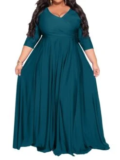 Women‘s Plus Size Curve Party Dress Pure Color V Neck 3/4 Length Sleeve Fall Spring Elegant Maxi Long Dress Party Evening Party Dress -Cheap Plus Fit Dress Store pvroit1672020374324
