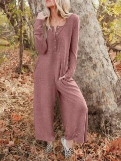 Women's Jumpsuit Button Pocket Solid Color Crew Neck Streetwear Street Daily Regular Fit Long Sleeve Black Yellow Fuchsia S M L Fall -Cheap Plus Fit Dress Store pvuphb1692269103120