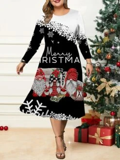 Women's Christmas Plus Size Curve Casual Dress Skater Dress A Line Dress Santa Claus Gradient Midi Dress Long Sleeve Print Crew Neck Fashion Outdoor Black White Fall Winter L XL XXL 3XL 4XL -Cheap Plus Fit Dress Store pvuszc1695264754688