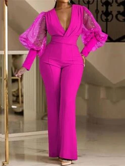 Women's Jumpsuit High Waist Solid Color V Neck Streetwear Wedding Party Regular Fit Long Sleeve Red Blue Fuchsia S M L Spring