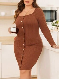 Women's Plus Size Party Dress Cocktail Dress Bodycon Mini Dress Brown Long Sleeve Pure Color Button Fall Winter Autumn Square Neck Fashion Winter Dress Vacation Fall Dress 2023 XL XXL 3XL -Cheap Plus Fit Dress Store pwgdyh1693297316553