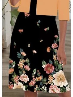 Women's Dress Set Two Piece Dress A Line Dress Midi Dress Pink Orange Half Sleeve Floral Ruched Fall Winter Autumn Crew Neck Sexy 2023 S M L XL XXL 3XL -Cheap Plus Fit Dress Store pwjjnv1672370169957