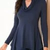 Women's Shirt Blouse Navy Blue Plain Flowing Tunic Long Sleeve Casual Fashion V Neck Regular Fit Spring &Fall