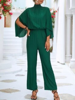 Black Jumpsuit For Women Split High Waist Solid Color Stand Collar Streetwear Daily Vacation Regular Fit 3/4 Length Sleeve Black Green S M L SummerFall Cold Weather -Cheap Plus Fit Dress Store pwojnj1675826689691