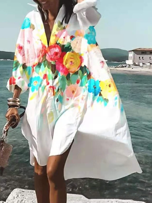 Women's Shirt Dress Casual Dress Swing Dress Maxi Long Dress Outdoor Winter Dress Daily Polyester Vacation Casual Shirt Collar High Low Dress Print Long Sleeve Spring Fall Winter 2023 Loose Fit White 3 Women's Shirt Dress Casual Dress Swing Dress Maxi Long Dress Outdoor Winter Dress Daily Polyester Vacation Casual Shirt Collar High Low Dress Print Long Sleeve Spring Fall Winter 2023 Loose Fit White - Image 3