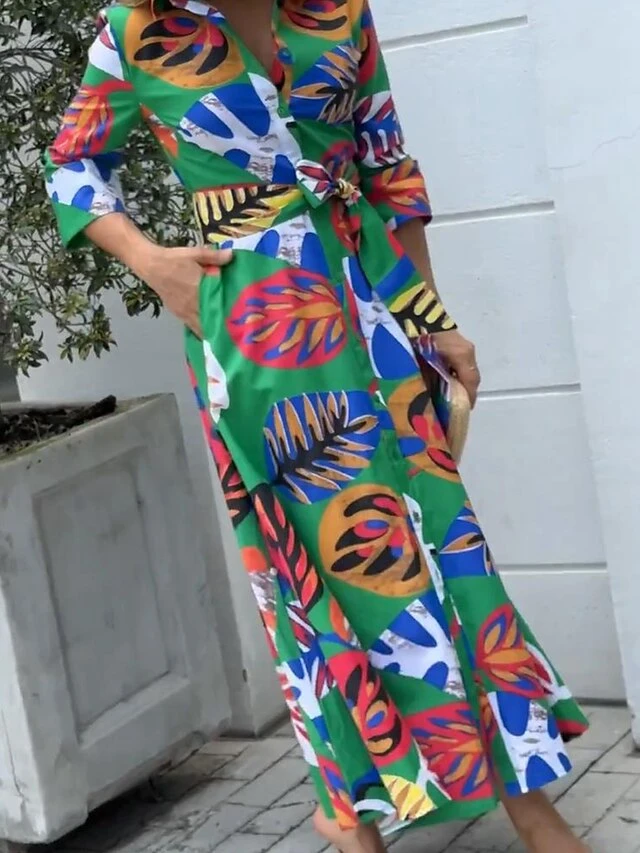 Women's Shirt Dress Casual Dress Maxi Long Dress Outdoor Daily Vacation Polyester Fashion Modern Shirt Collar Button Print Long Sleeve Spring Fall Winter 2023 Loose Fit Green Leaf S M L XL 2XL 2 Women's Shirt Dress Casual Dress Maxi Long Dress Outdoor Daily Vacation Polyester Fashion Modern Shirt Collar Button Print Long Sleeve Spring Fall Winter 2023 Loose Fit Green Leaf S M L XL 2XL - Image 2