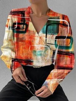 Women's Shirt Blouse Red Blue Brown Graphic Geometric Print Long Sleeve Casual Daily Basic V Neck Regular Fit Geometric Fall & Winter -Cheap Plus Fit Dress Store pxazit1690511657056