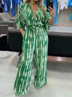 Women's Jumpsuits Casual Summer Lace Up Pocket Striped V Neck Streetwear Street Daily Regular Fit 3/4 Length Sleeve Green Gray S M L