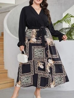 Women's Plus Size Prom Dress Party Dress Wedding Guest Dress Long Dress Maxi Dress Black Long Sleeve Floral Lace Up Fall Winter Autumn V Neck Fashion Winter Dress Evening Party Wedding Guest 2023 L -Cheap Plus Fit Dress Store pxwkgm1693535312400
