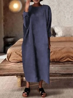 Women's Casual Dress Linen Dress Midi Dress Linen Classic Casual Outdoor Daily Vacation Crew Neck Ruched Long Sleeve Spring Fall Winter 2023 Loose Fit ArmyGreen Pink Blue Plain S M L XL 2XL -Cheap Plus Fit Dress Store pxyoal1692695193608